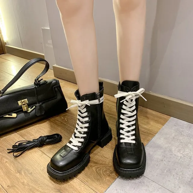 Autumn new style lace up motorcycle boots with side zipper and square head White - Shop at LoveMi