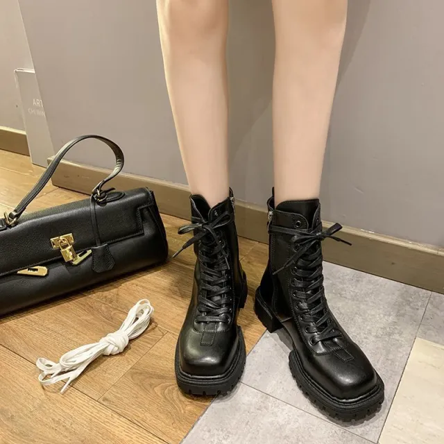 Autumn new style lace up motorcycle boots with side zipper and square head Black - Shop at LoveMi
