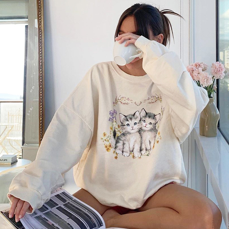 Cartoon cat print long sleeve loose T-shirt women