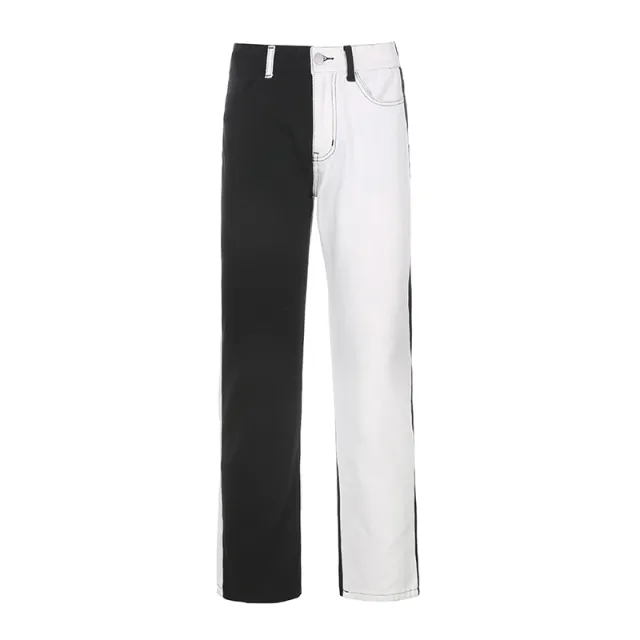 Black And White Patchwork Jeans For Women High Waisted Black White - Shop at LoveMi