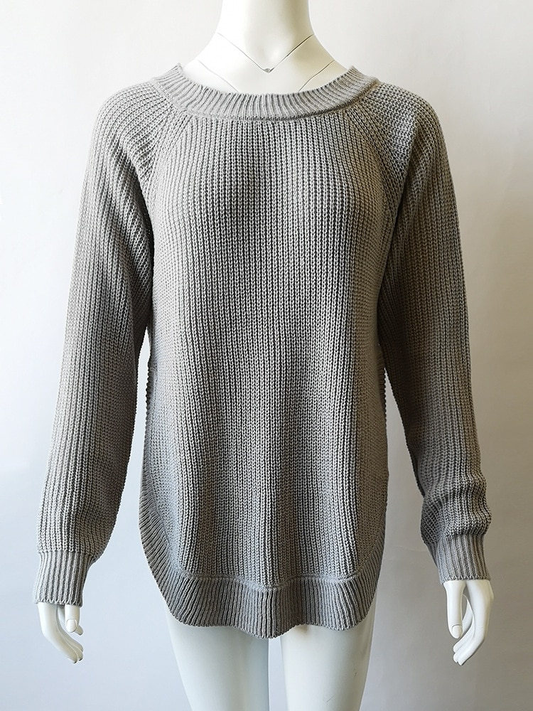 Split round neck long sleeve pullover sweater