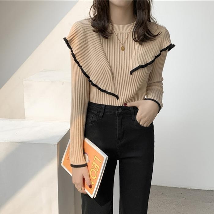 Women's ruffle stitching knit sweater