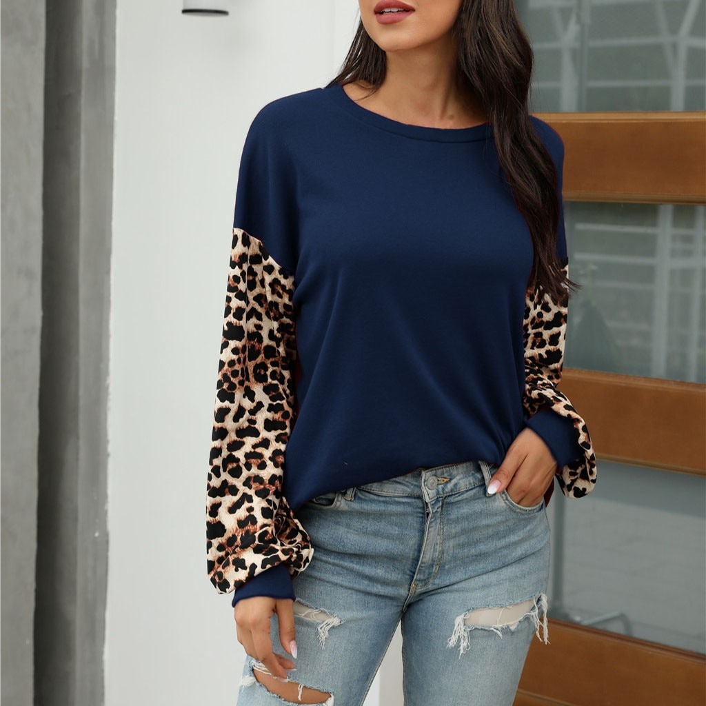 Round neck leopard print stitching T-shirt sweatshirt