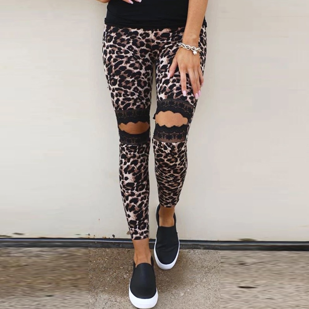 Casual hollow lace leopard print slim women's trousers Leopard - Shop at LoveMi