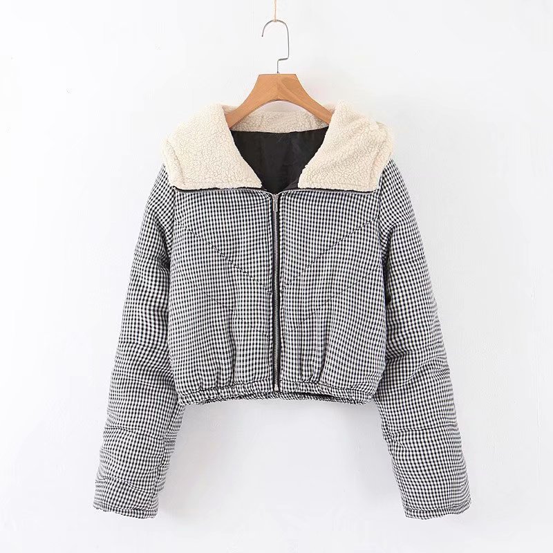Large lapel short plaid jacket coat hooded cotton coat Monochrome - Shop at LoveMi