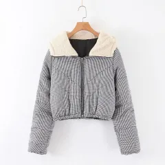 Large lapel short plaid jacket coat hooded cotton coat - Monochrome - View 1