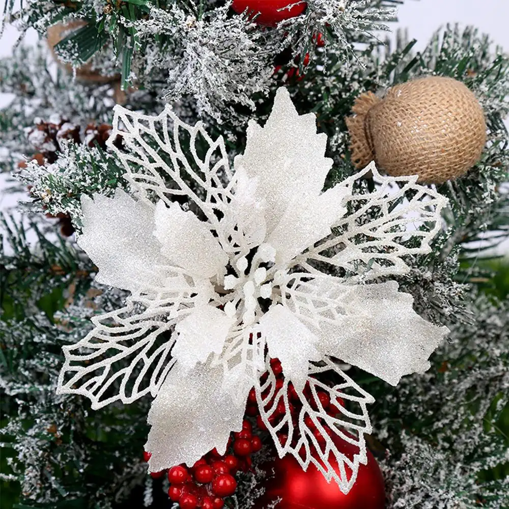 Glitter Artifical Christmas Flowers Tree Decorations for Home Fake