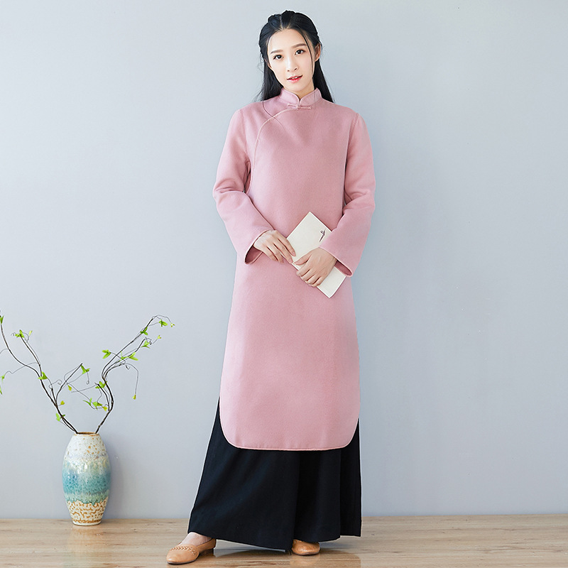 Woolen disc button Chinese loose dress