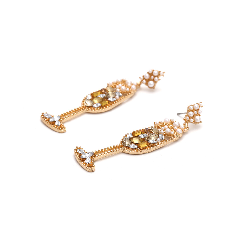 Exaggerated Alloy Inlaid Pearl Wine Glass Earrings