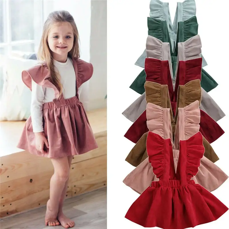 Children's Pinafore Skirt with Ruffle Straps, Cotton Blend Casual Dress for Toddlers and Girls