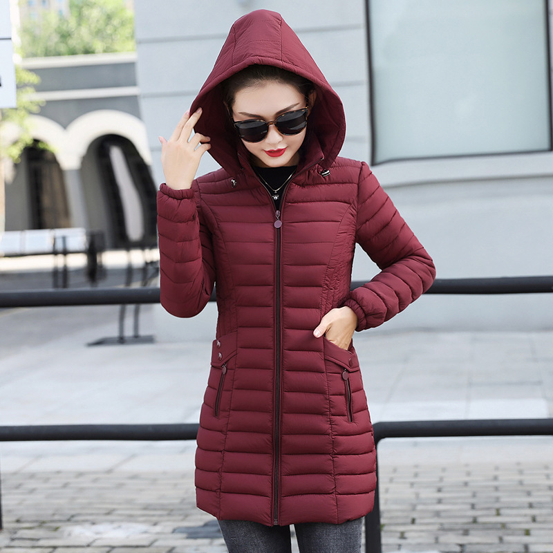 Women's cotton padded jacket mid length light and large size Wine - Shop at LoveMi