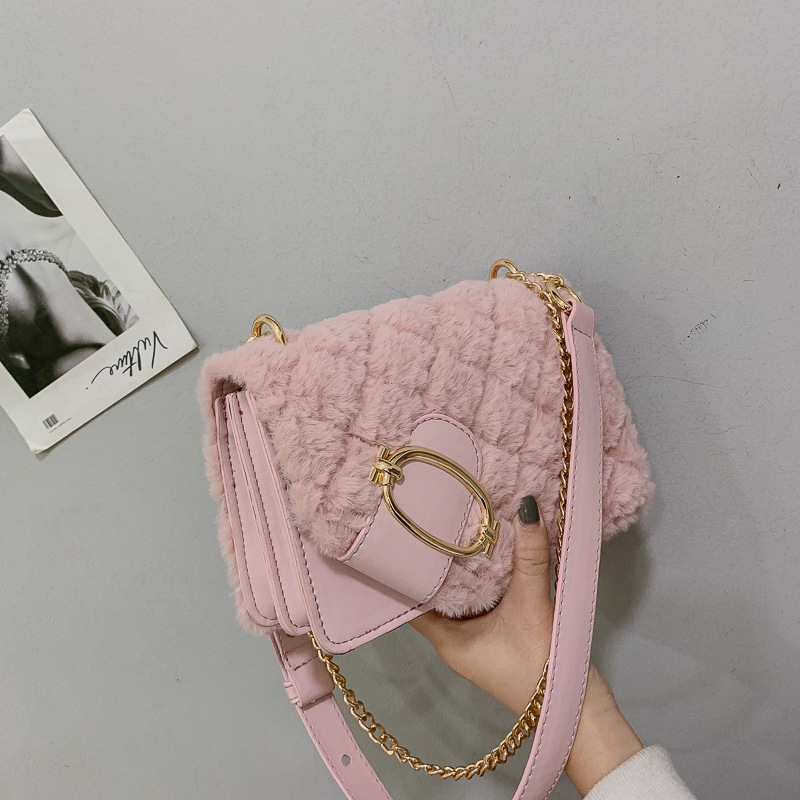 Soft Plush Ladies Square Messenger Bag Winter Female Bag Lady Designer Handbag Chain Shoulder Messenger Bag Pink - Shop at LoveMi