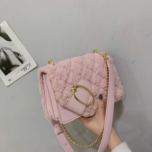 Soft Plush Ladies Square Messenger Bag Winter Female Bag Lady Designer Handbag Chain Shoulder Messenger Bag Pink - Shop at LoveMi