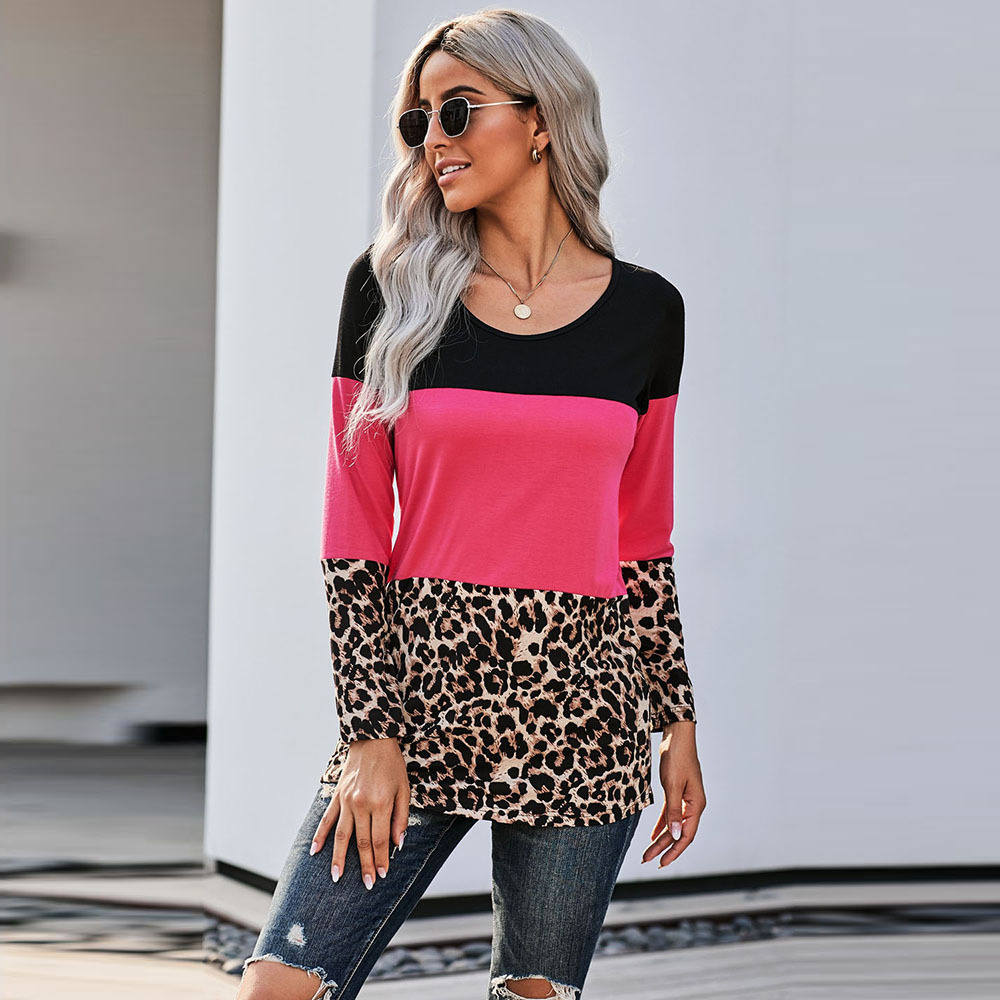 New leopard print stitching mid-length top Amazon all-match large size bottoming shirt 2521358