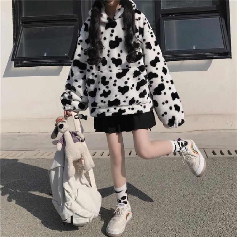 Women's thick lamb wool sweater hooded loose top