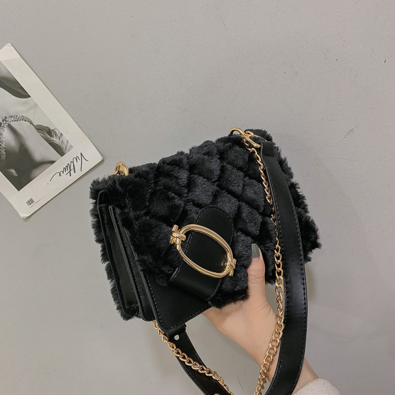 Soft Plush Ladies Square Messenger Bag Winter Female Bag Lady Designer Handbag Chain Shoulder Messenger Bag Black - Shop at LoveMi