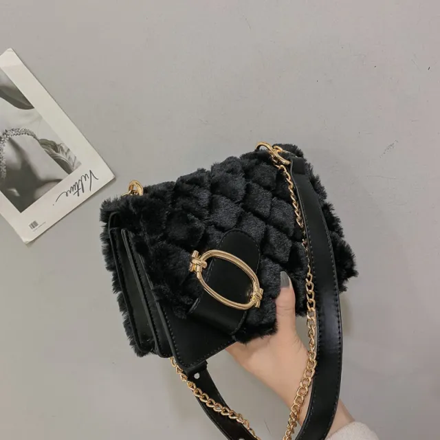 Soft Plush Ladies Square Messenger Bag Winter Female Bag Lady Designer Handbag Chain Shoulder Messenger Bag Black - Shop at LoveMi