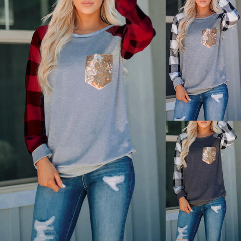 women's base shirt Plaid sleeve printed stitching sequin pocket round neck long sleeve T-shirt for women