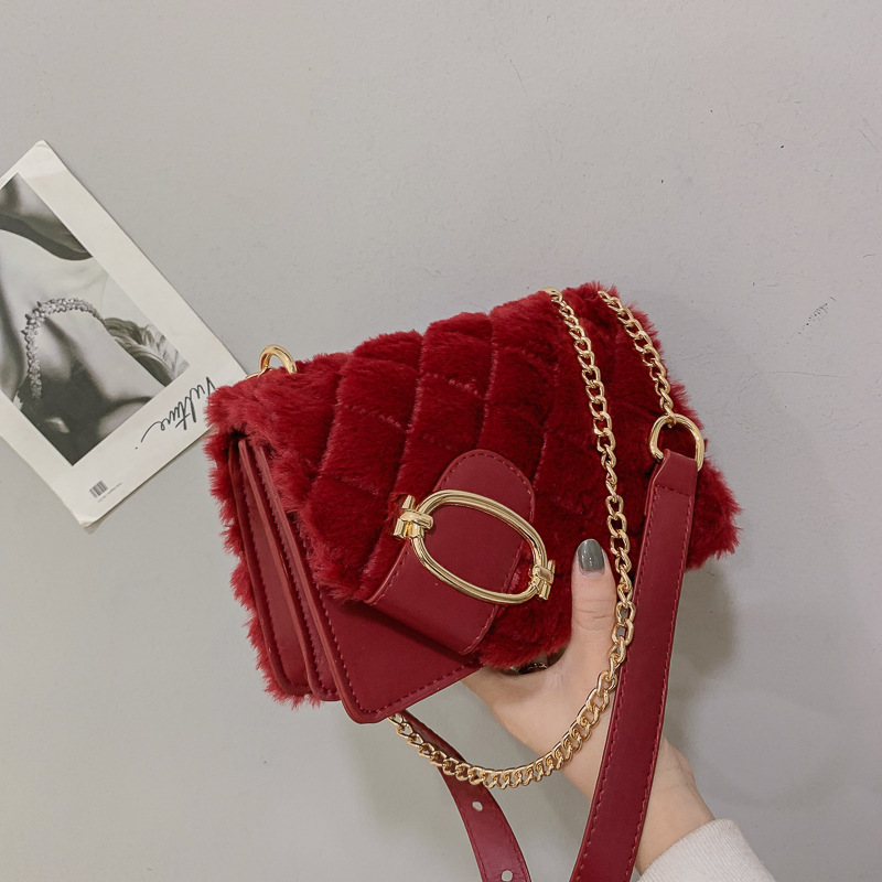 Soft Plush Ladies Square Messenger Bag Winter Female Bag Lady Designer Handbag Chain Shoulder Messenger Bag Red - Shop at LoveMi