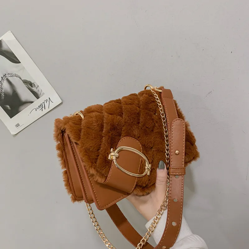 Soft Plush Ladies Square Messenger Bag Winter Female Bag Lady Designer Handbag Chain Shoulder Messenger Bag - Brown