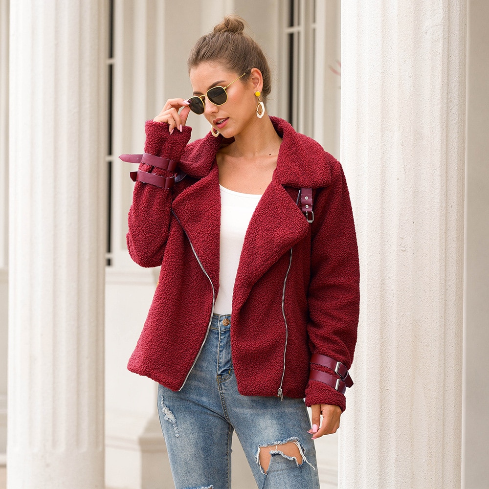 Plush short coat cuffs iron card belt decoration cardigan