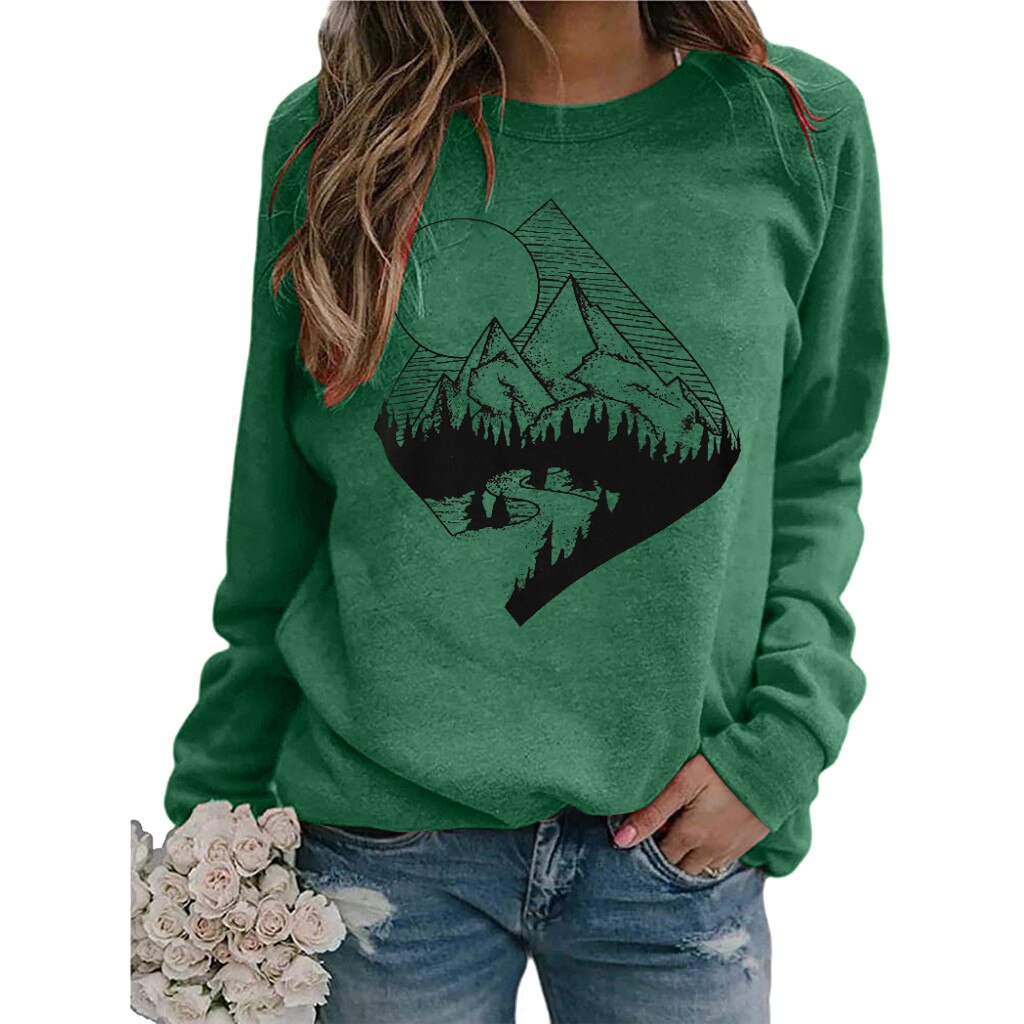 Harajuku Hoodie Fashion Mountain Printed Long Sleeves O Neck Sweatshirt Casual Loose Autumn Pullover Blouse Shirts Ladies Bluza