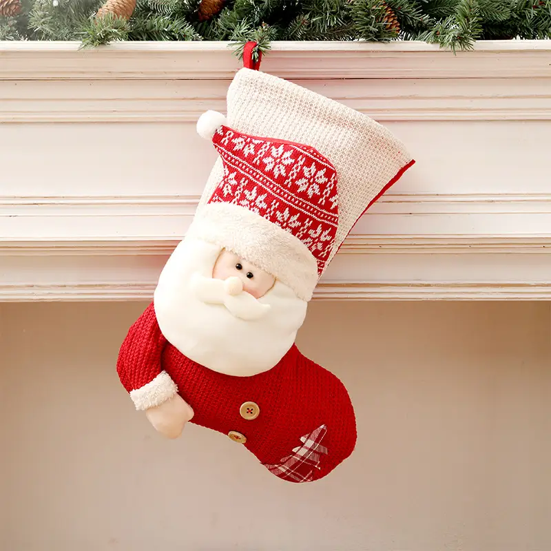 Large Red White Knitted Christmas Stocking Santa Claus Fireplace Decor Socks