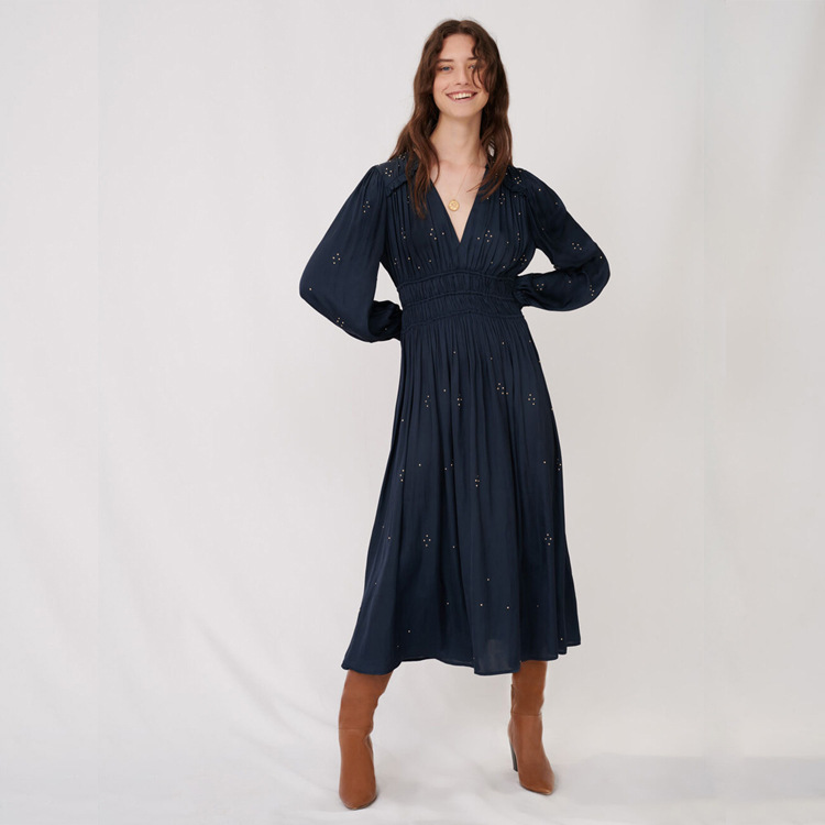 French V-neck puff sleeve fashion waist dress