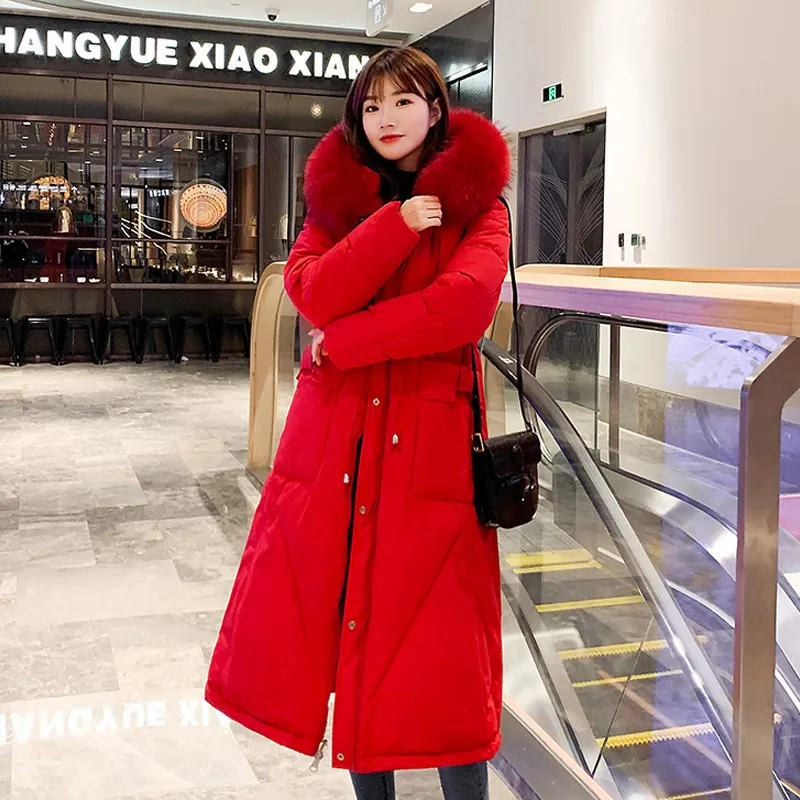 Ladies over-the-knee slim padded jacket - Red