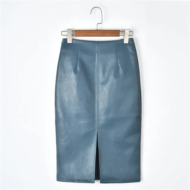 Slim leather high waist midi skirt Blue - Shop at LoveMi