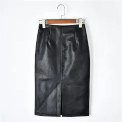 Slim leather high waist midi skirt - Black - View 1