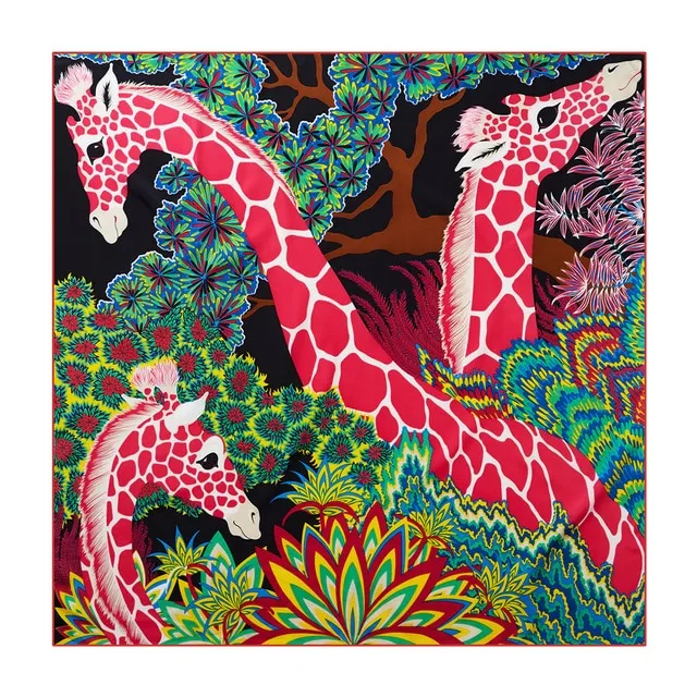 Giraffe 90cm hand rolled women's twill square scarf Black - Shop at LoveMi