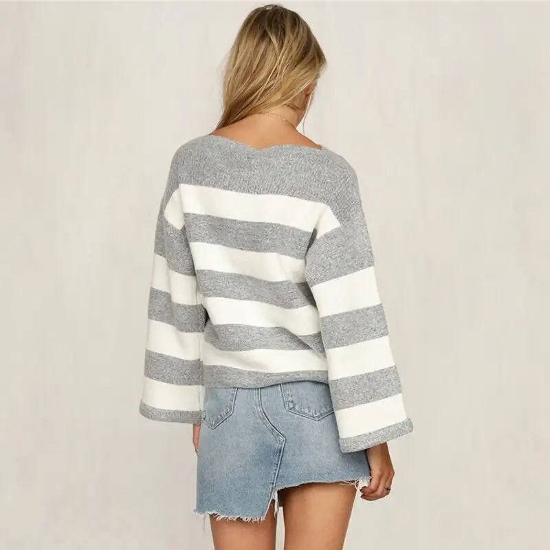 Striped color block round neck knitted sweater