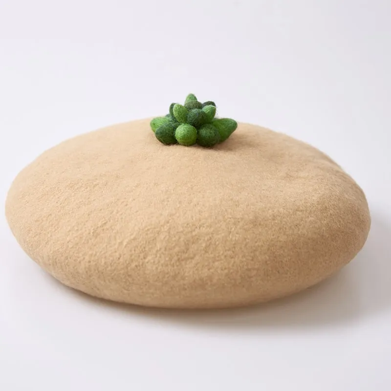 Handmade wool felt literary cute succulent beret - Camel