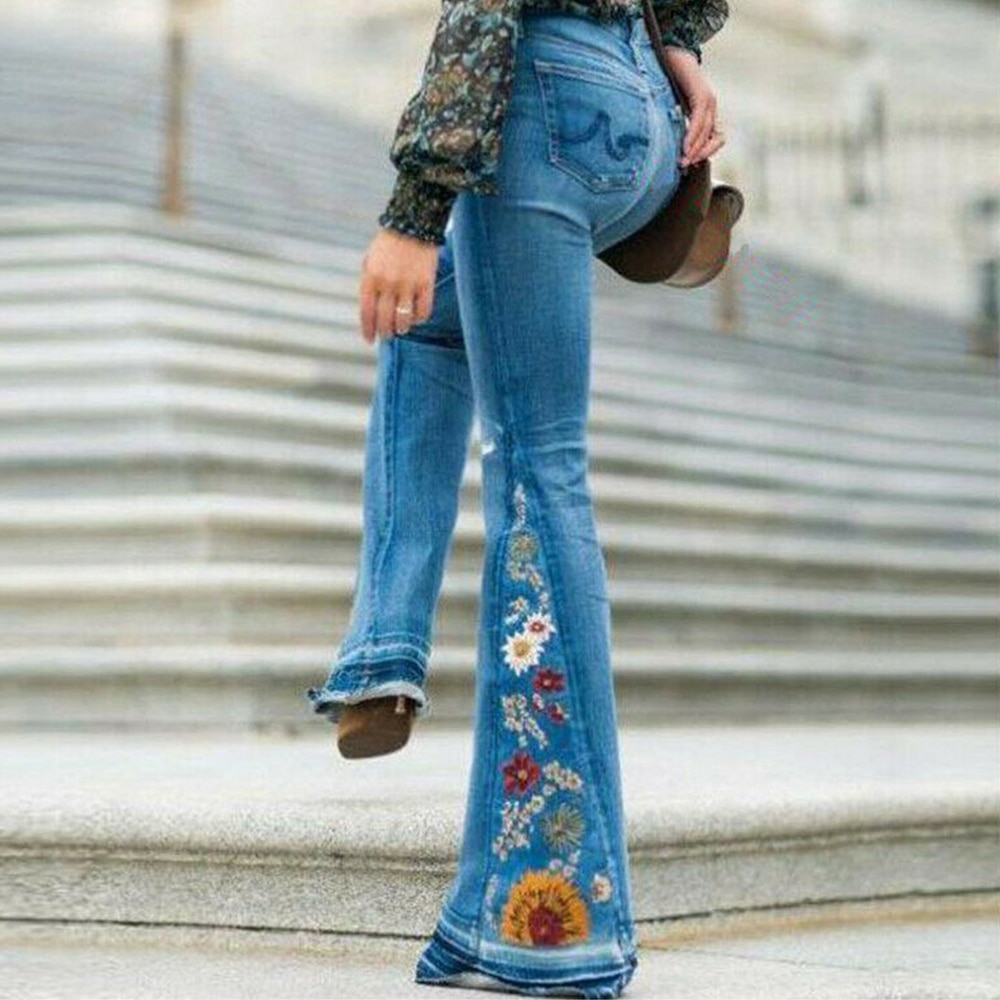 Denim flared trousers with embroidered embroidery