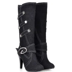 Cloth stiletto high heel high boots - Black - View 1