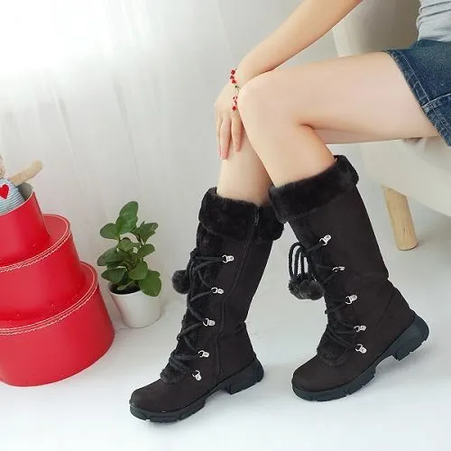 Medium tube fur ball women's boots - Black