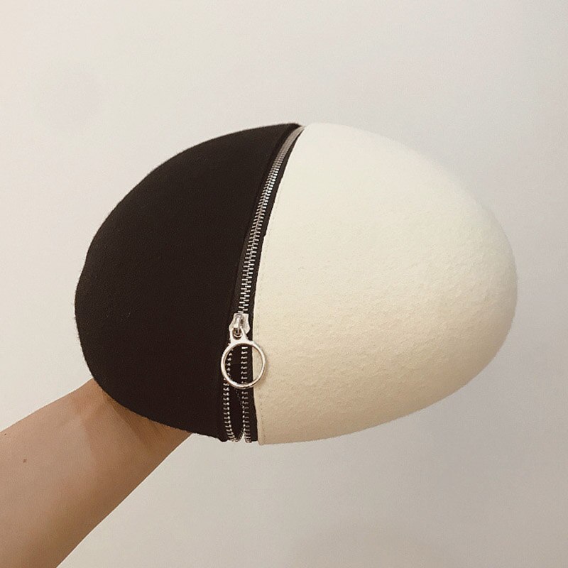 Black and white wool felt hat with zipper and beret