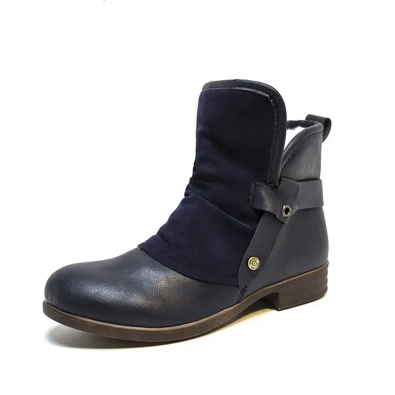 Belt buckle flat thick heel women's boots