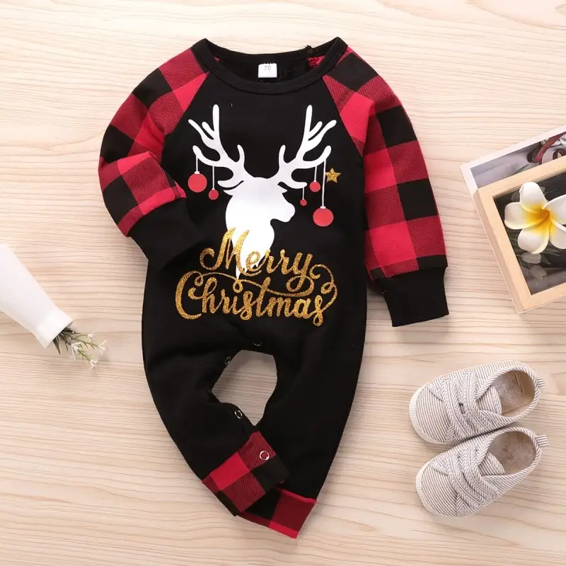 Santa's Elk Romper Red Plaid Christmas