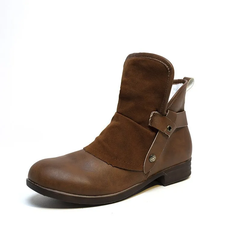 Belt buckle flat thick heel women's boots - Brown