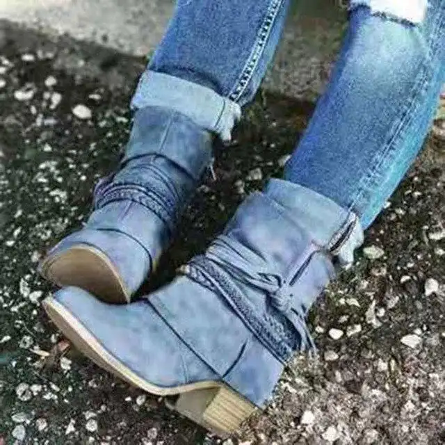 Zipper tassel braid thick heel women's shoes