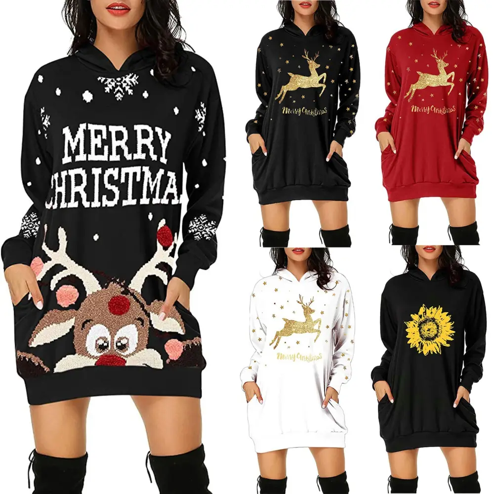 Christmas Printed Mid-length Pocket Hooded Long-sleeved Sweater
