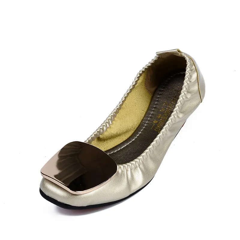 Square Toe Square Buckle Flats - Gold