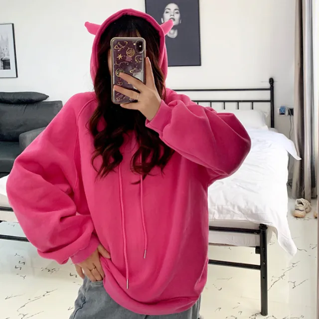 Hooded loose sweatshirt with horns Dark Pink - Shop at LoveMi
