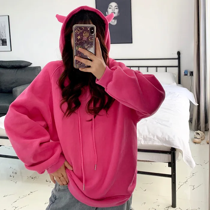 Hooded loose sweatshirt with horns - Dark Pink