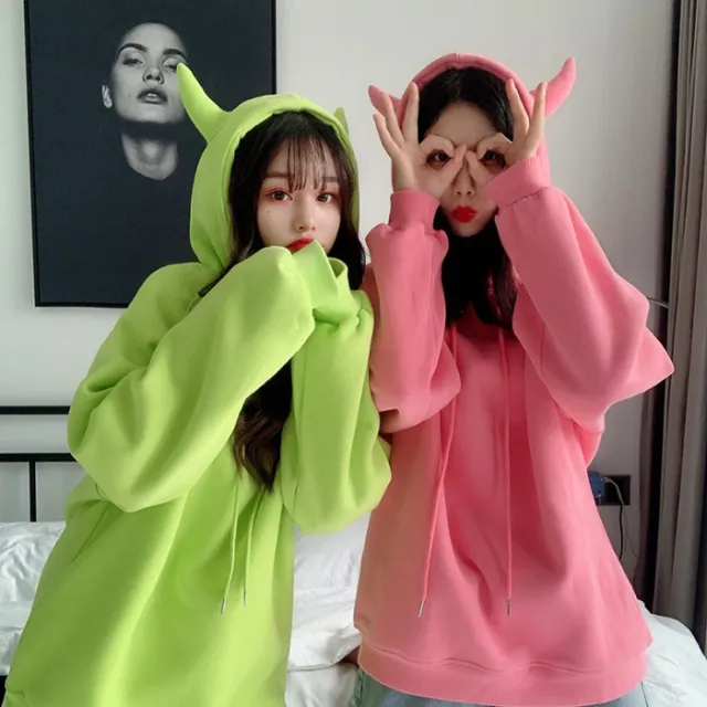Hooded loose sweatshirt with horns Green - Shop at LoveMi