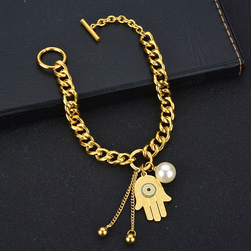 Hand of Fatima Pearl Chain Stainless Steel Bracelet