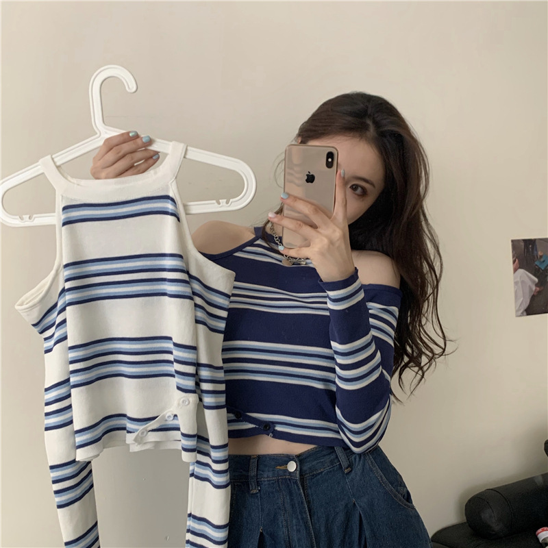 Slim short halterneck striped t-shirt