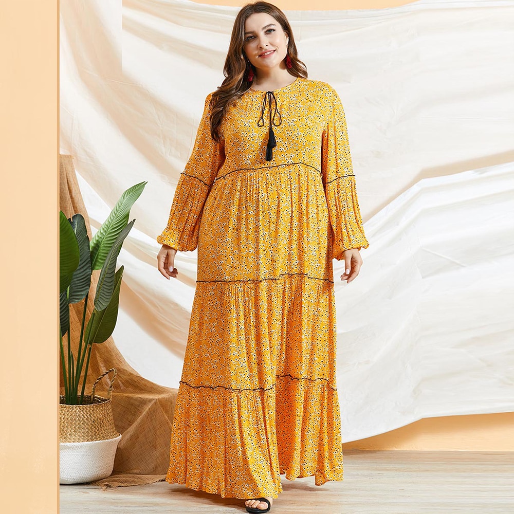 Round neck tie print pleated lantern long sleeve dress